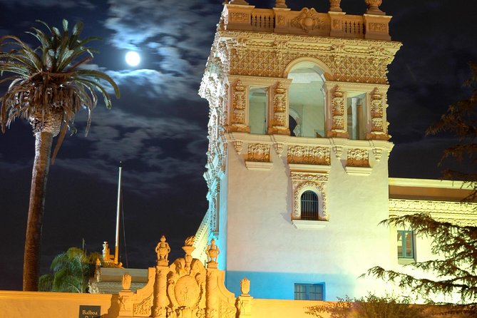 San Diego City Lights Night Tour - Balboa Park after dark: statues, fountains, and lit-up buildings