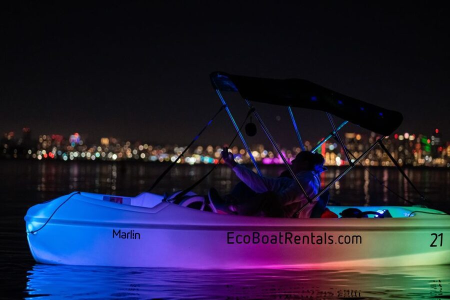 San Diego: Night Date Glow Pedal Boat with Downtown Views - Your Boat Setup: Life Jackets, Bluetooth Music, and Safety Support